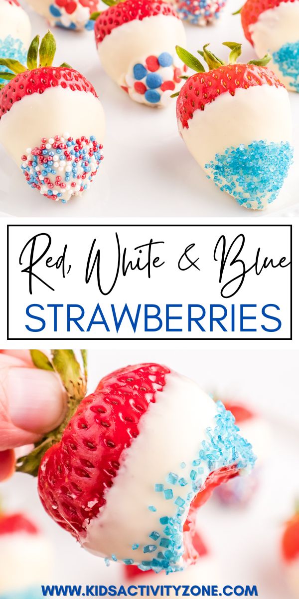 Fresh strawberries dipped into white chocolate then patriotic sprinkles make the perfect summer treat! These Red, White and Blue Strawberries are perfect for Memorial Day and 4th of July Parties. So festive, easy to have the kids help with and delicious.