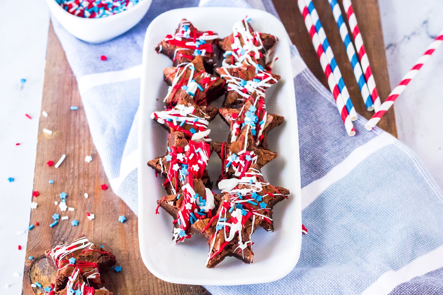 Red White and Blue Brownies on white plate