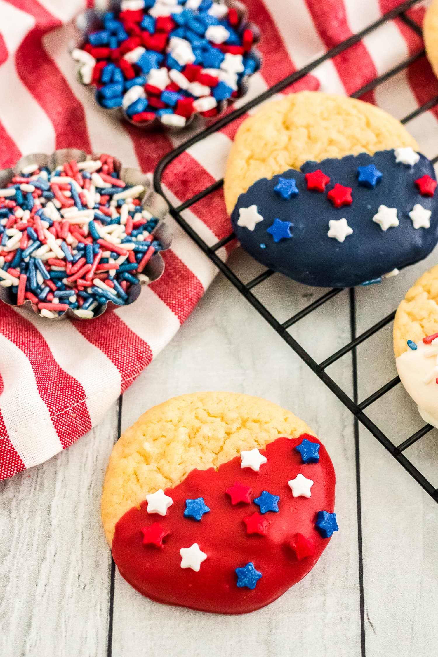 4th of July Cake Mix Cookies dipped in red white and blue