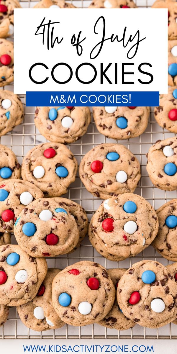 4th of July Cookies with M&Ms or an easy Red, White and Blue dessert recipe! Soft, chewy cookies loaded with chocolate chips and M&Ms are always a hit with everyone.
