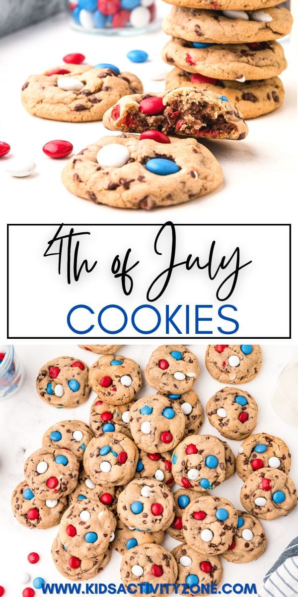 Easy to make 4th of July Cookies with M&Ms are the perfect sweet patriotic recipe for all of you Red, White and Blue parties! Plus, they freeze great so you can make ahead of time. Soft, chewy cookies stuff with chocolate chips and M&Ms.
