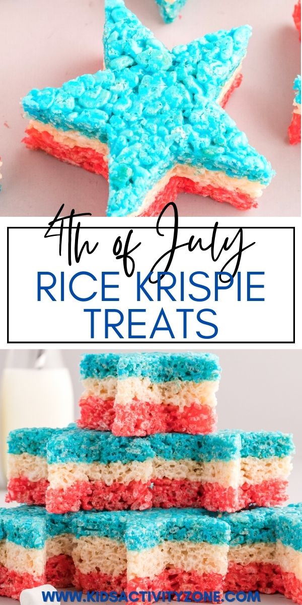 Your favorite, classic Rice Krispie Treats turned patriotic for the summer holidays! These easy no-bake 4th of July Rice Krispies Treats have layers of red, white and blue to make them fun and festive. They are quick, simple and always a hit.