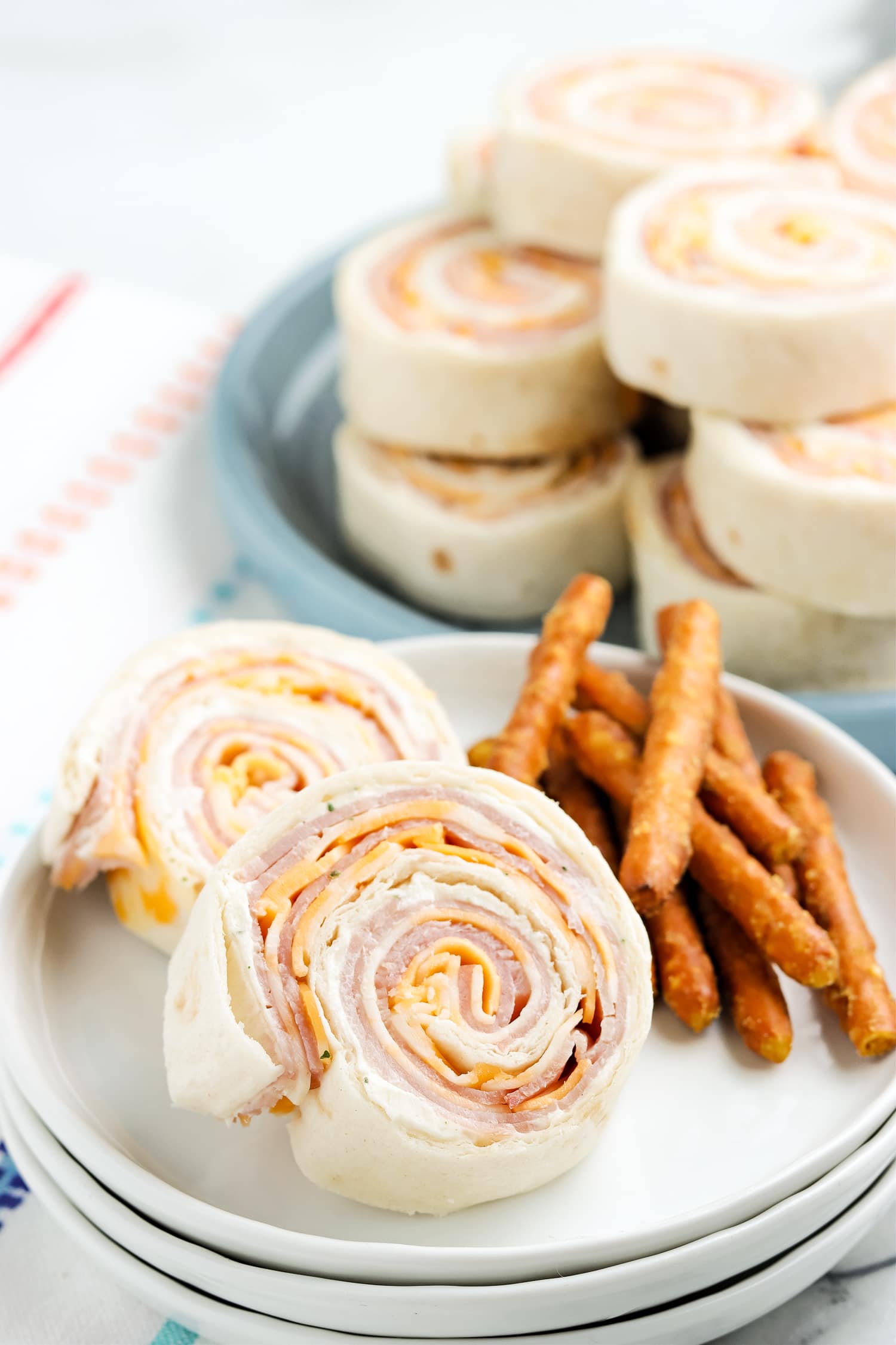 Ham and cheese roll up sliced on palte