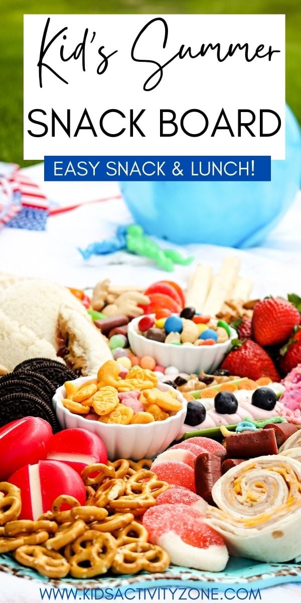 Kid's Summer Snack Board is perfect for afternoons by the pool, lake and hanging outside! Loaded with uncrustables, ham and cheese pinwheels, ants on a log and more! Perfect for kids lunches too!