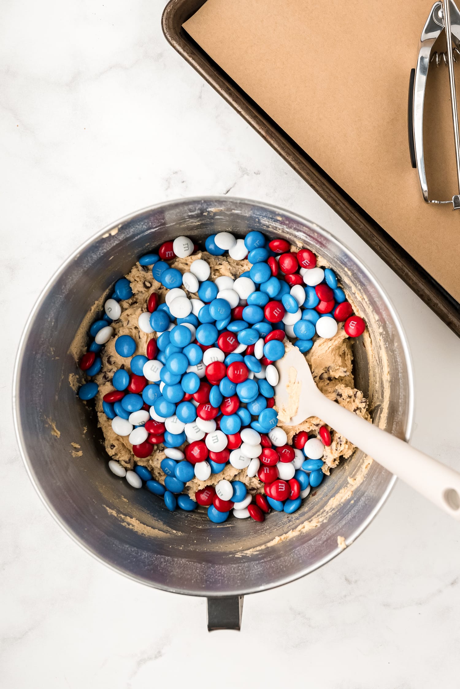 Cookie dough with Red, White and Blue M&MS on top