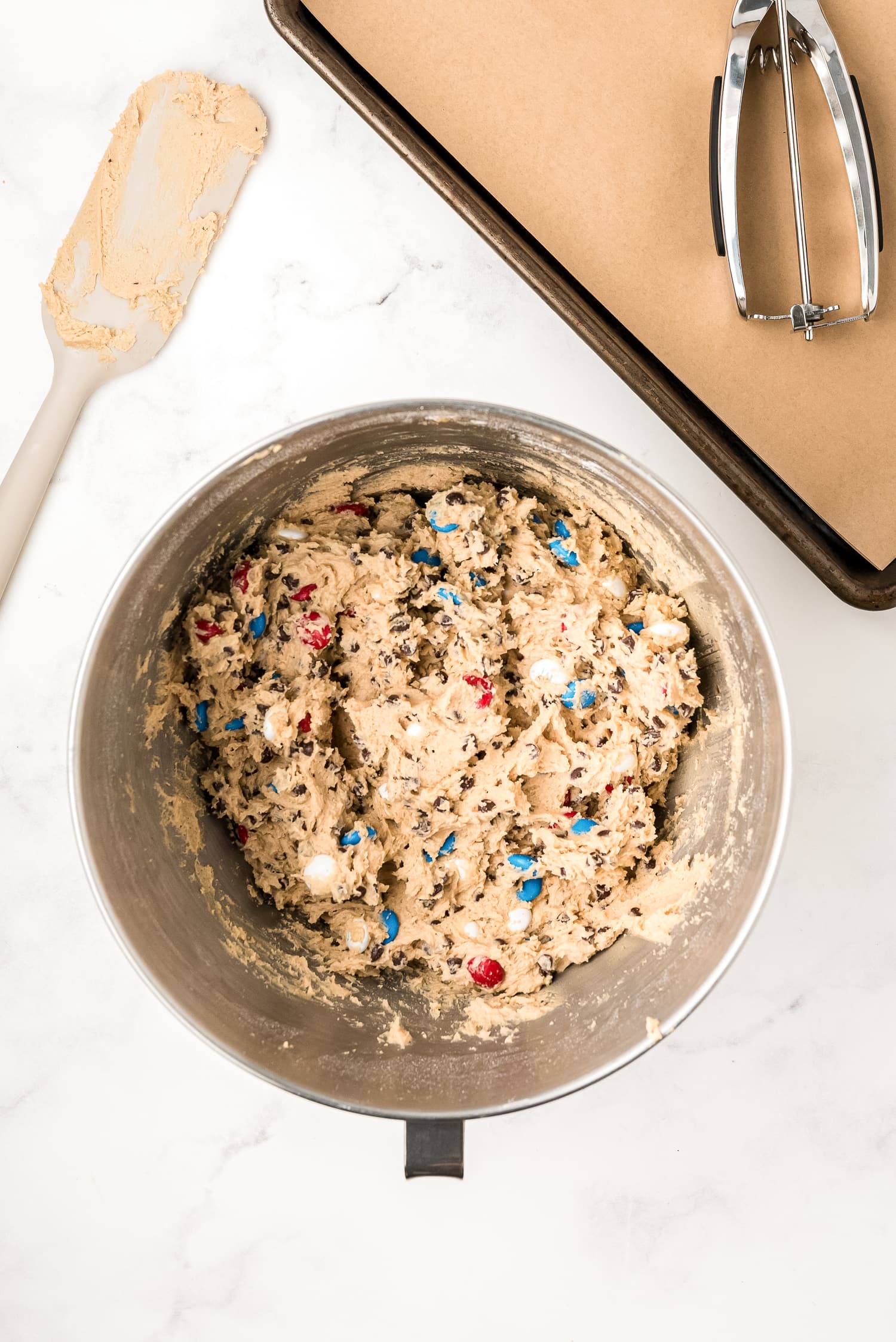 Cookie dough with Red, White and Blue M&MS mixed in