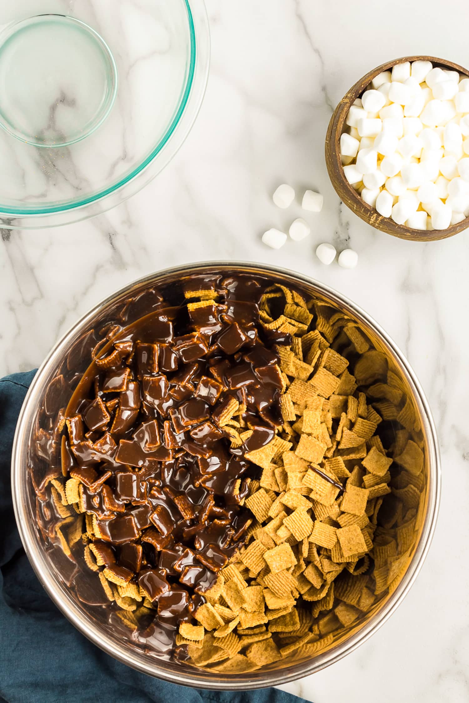 Bowl of golden grahams and melted chocolate