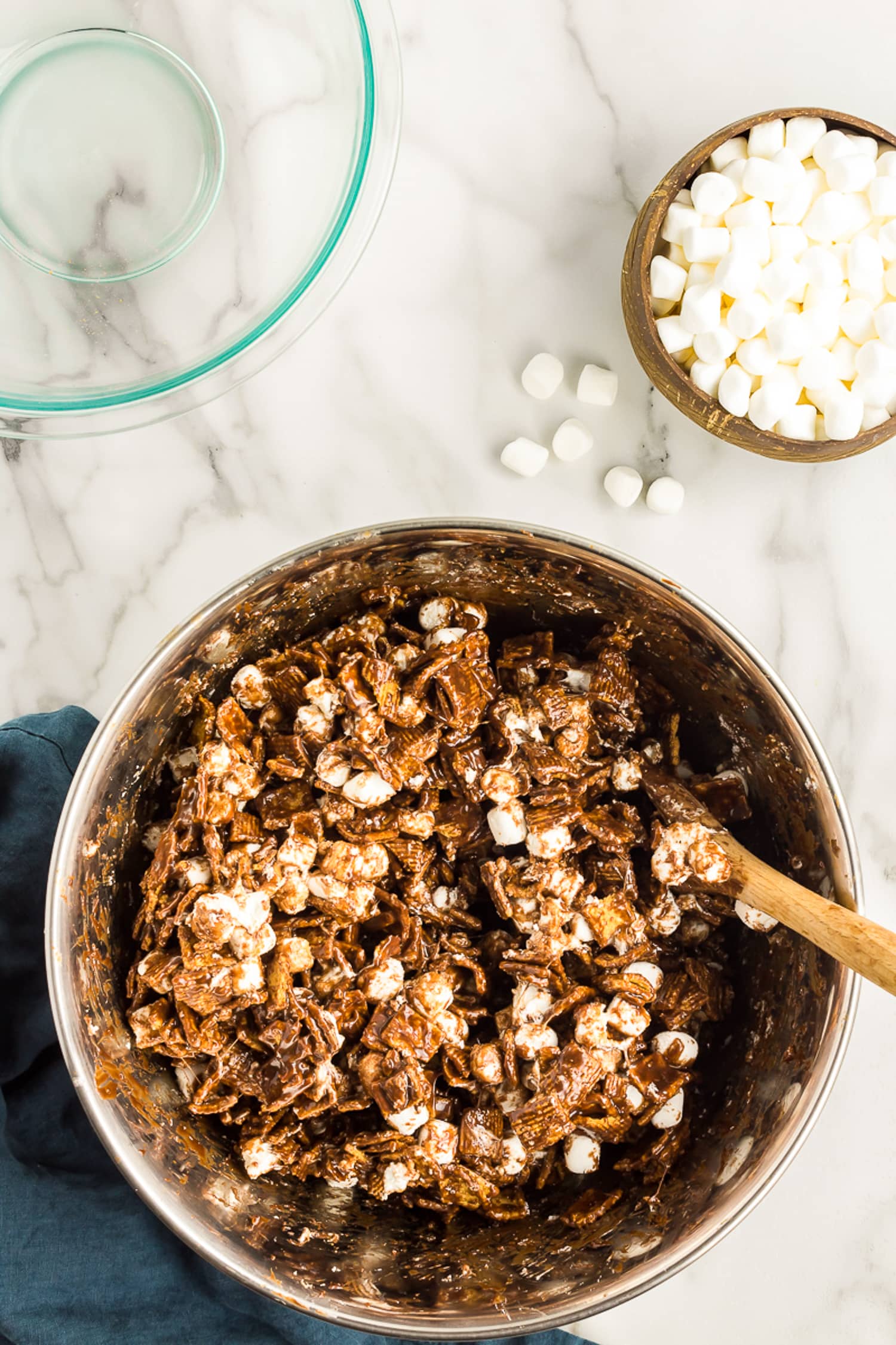 Bowl of ingredients for s'mores bar mixed up