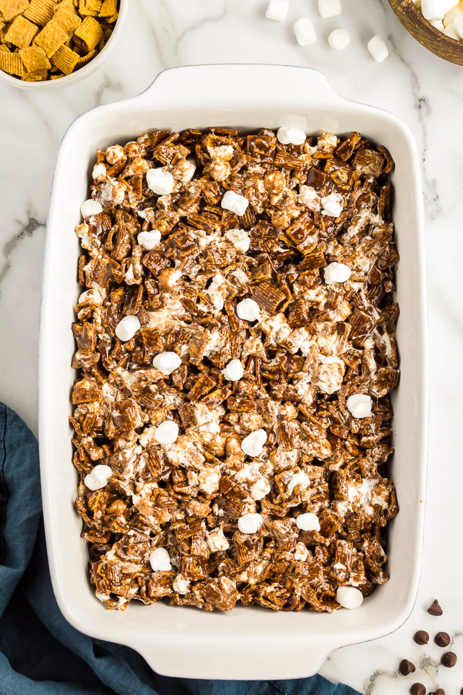 Overhead image of no bake s'mores bars in pan