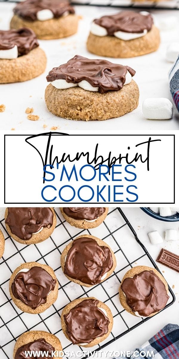 Soft and delicious graham cracker thumbprint cookies topped with mini marshmallows and chocolate! These Thumbprint S'mores Cookies are a delicious summer treat or perfect when you are craving a s'more and don't want to make a fire!