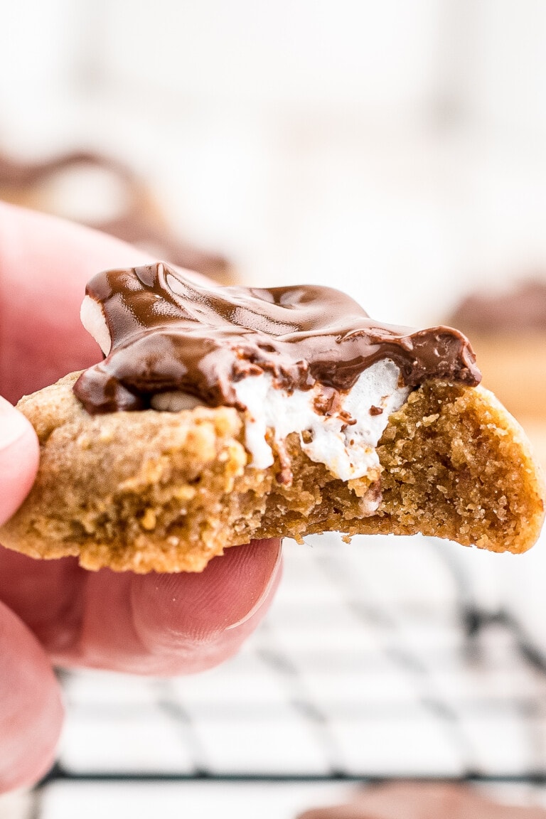 Hand holding s'more cookie with bite gone