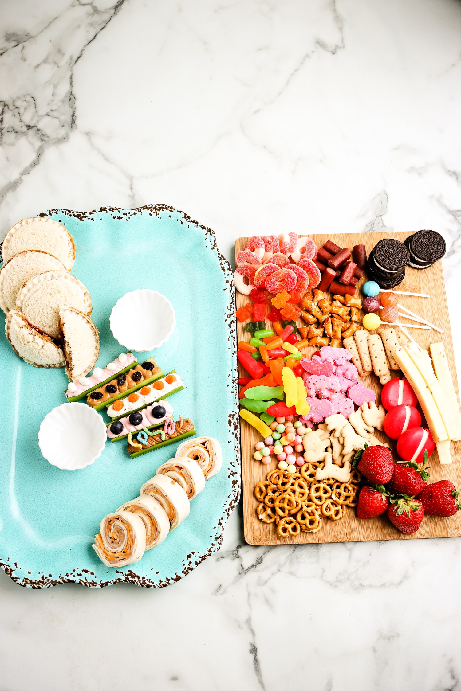 Overhead image of creating a kids charcuterie board