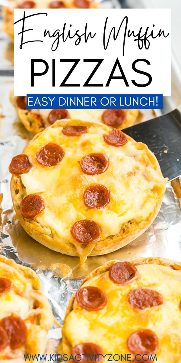 English Muffin Pizzas are toasted english muffins split in half with pizza sauce, mozzarella cheese and mini pepperonis. It's an easy dinner or lunch recipe that the kids will love!