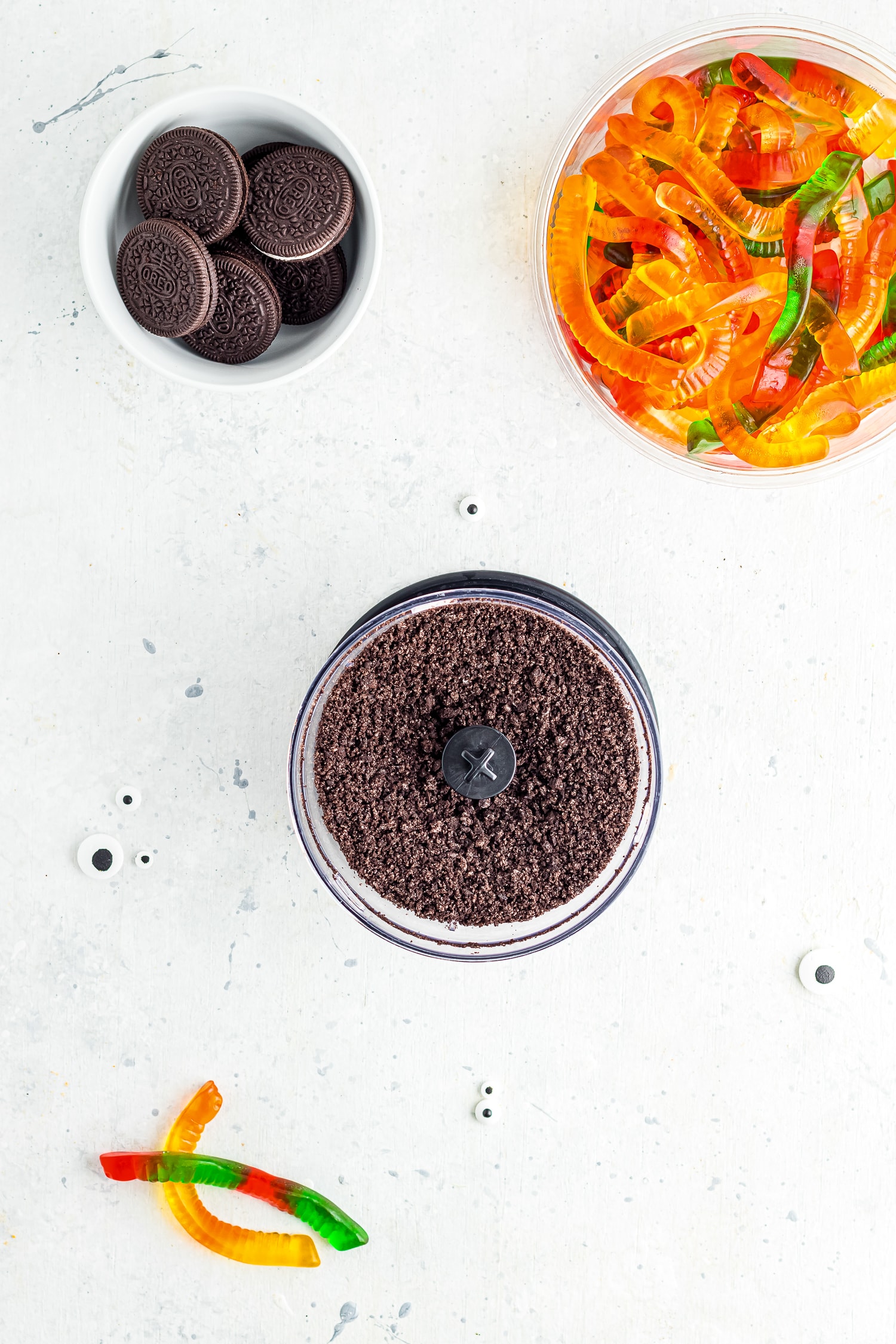 Crushed Oreo cookies in food processor