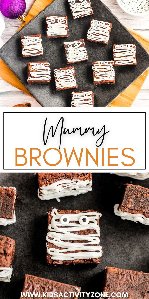 Chewy brownies drizzled with vanilla frosting to create fun, festive Mummy Brownies perfect for Halloween. You can make a boxed mix of brownies, buy brownies or make your favorite homemade ones, then drizzle the frosting on to turn it into a mummy and decorate it with candy eyes. Bring this easy Halloween dessert to all your parties.