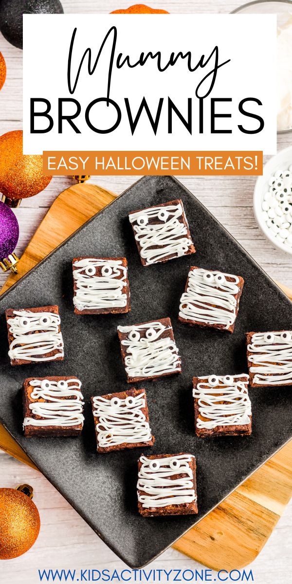 Mummy Brownies are an easy Halloween dessert recipe perfect for parties. Brownies drizzled with vanilla frosting and decorated with candy eyes.