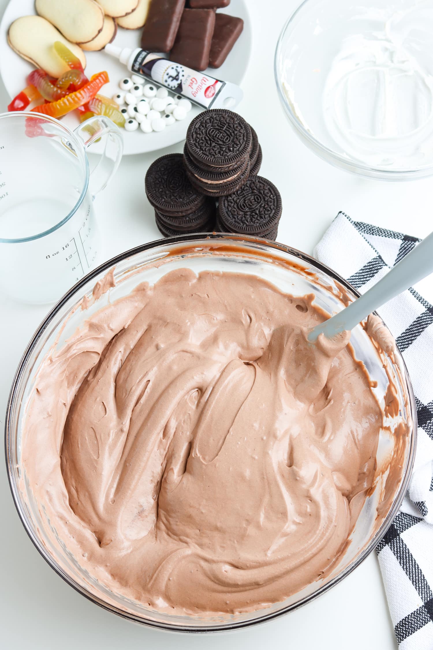 Bowl with Cool whip and chocolate pudding mixed together