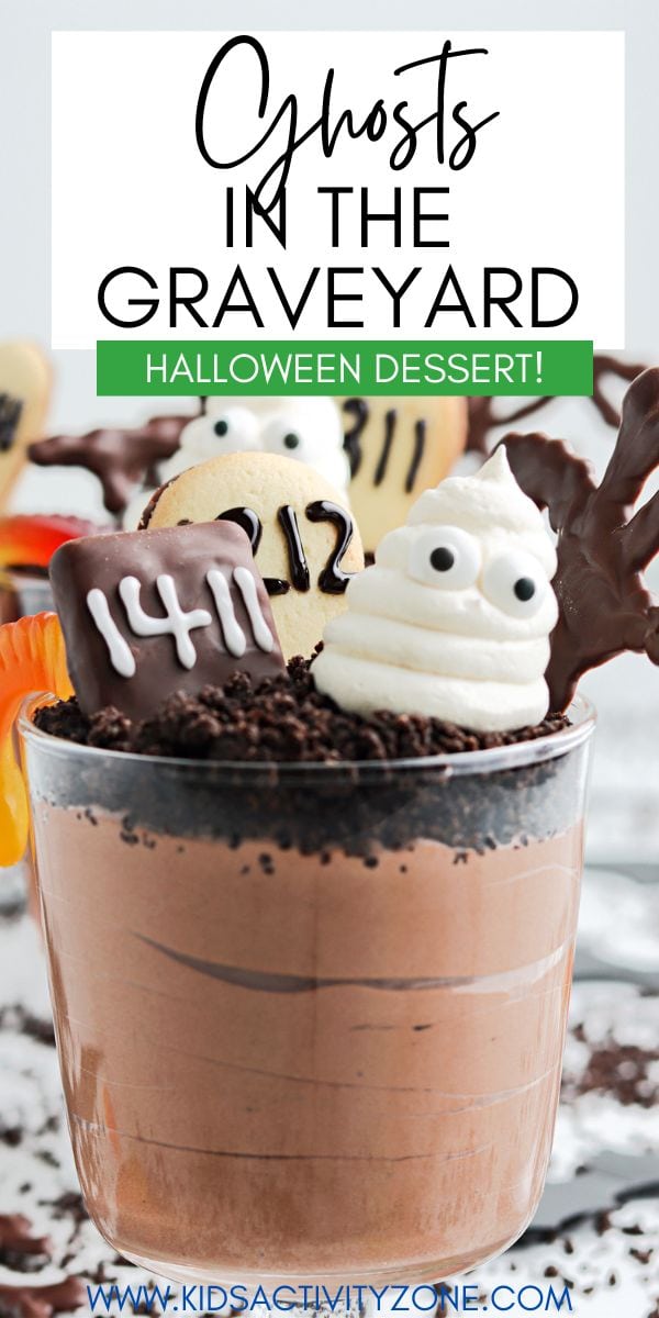 Ghosts in the Graveyard Dessert is a delicious Halloween Dessert Recipe. A layer of fluffy chocolate pudding, crushed Oreos and topped with decorated Halloween cookies and candy.