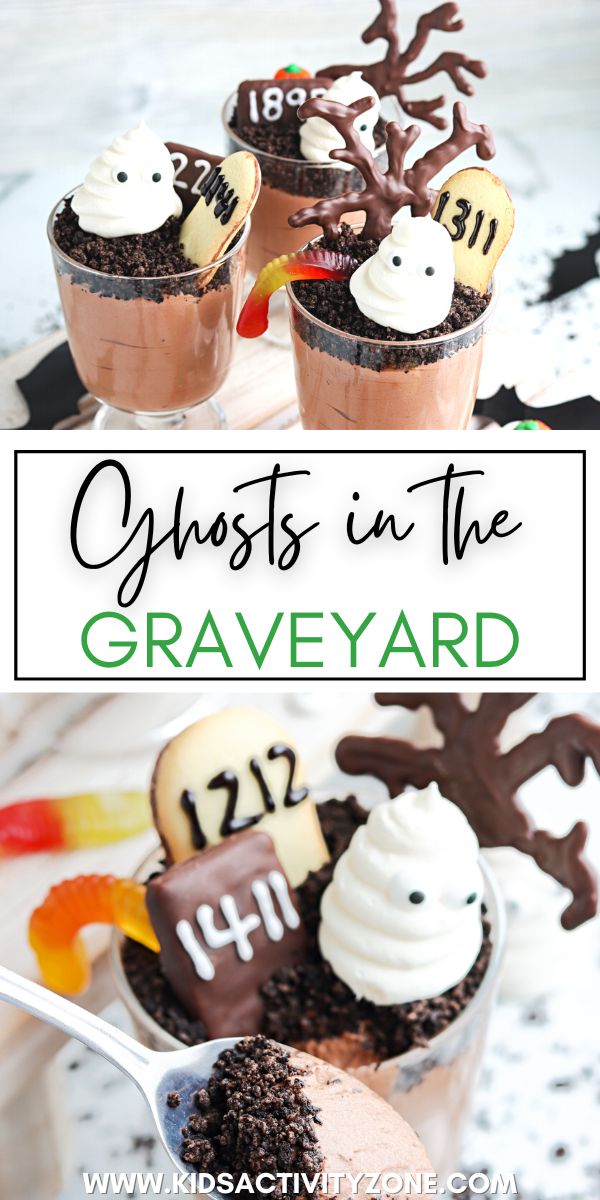 If you need a quick and easy dessert that's spooky for Halloween this Ghosts in the Graveyard Dessert is just what you are looking for. The kids will flip for it. It starts with a layer of fluffy chocolate pudding that's topped with crushed Oreo cookies and decorated with Halloween candy and treats!