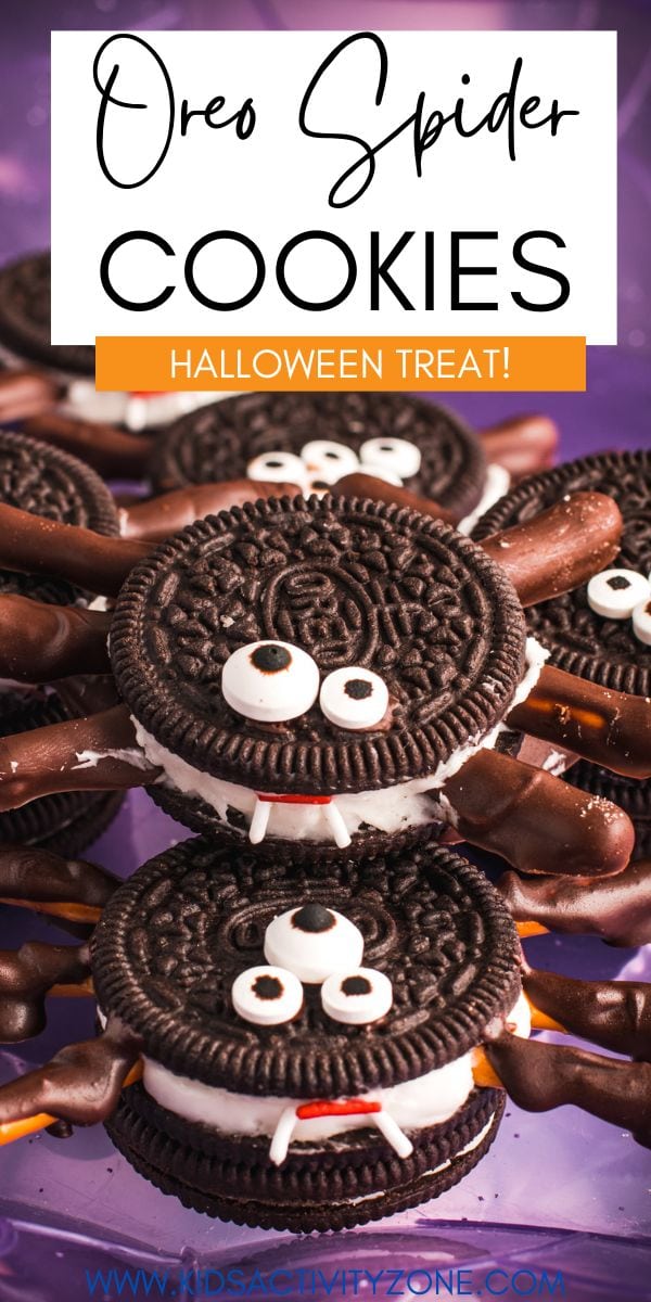 No Bake Spider Oreo Cookies are a fun treat to make for Halloween with the kids. Oreo spiders created with pretzels dipped in chocolate, candy eyes and sprinkles!