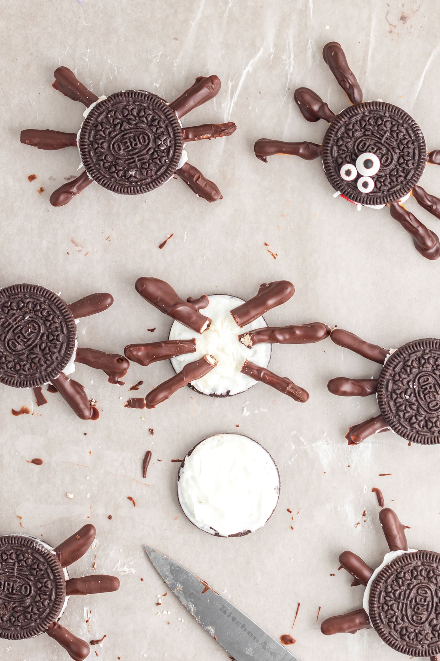 Chocolate dipped pretzel rods on inside of Oreo