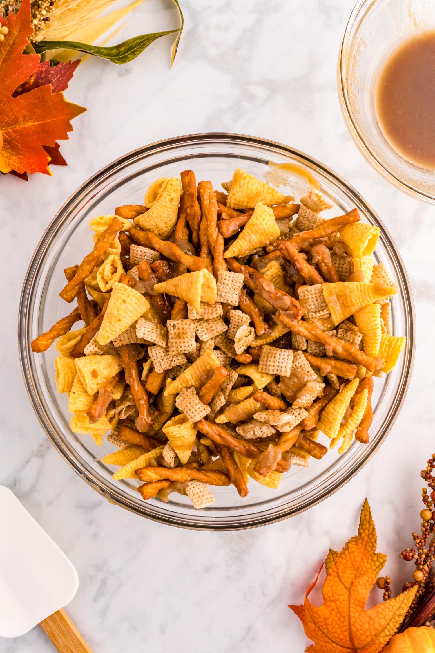 Glass bowl with chex mix