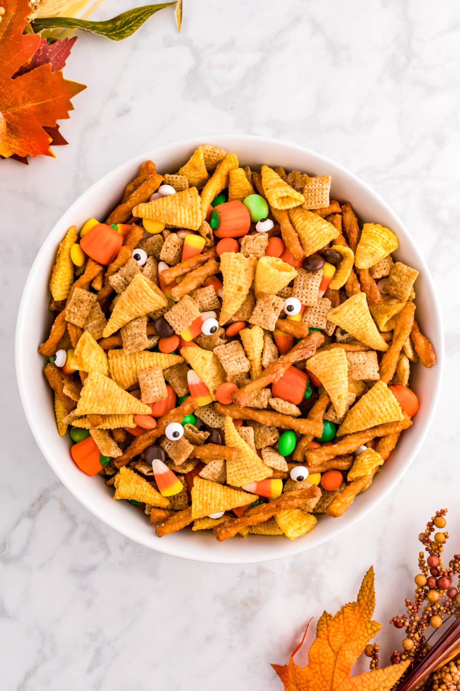 Overhead bowl of fall snack mix