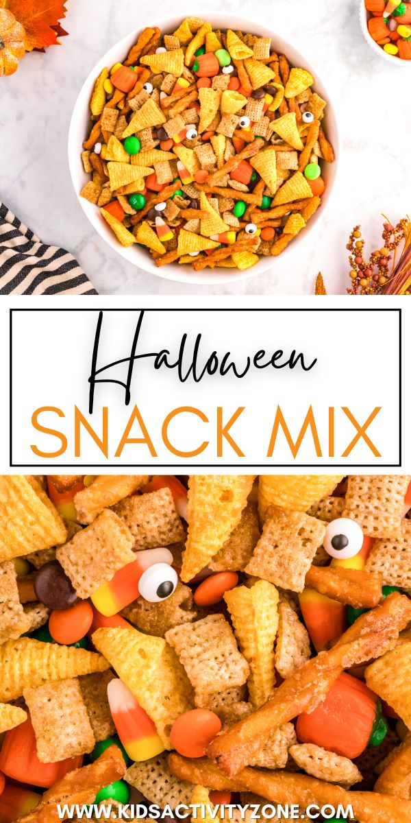 The perfect sweet and salty snack mix for fall! This Halloween Snack Mix is full of Chex cereal, Bugles, pretzels, candy corn, Reese's Pieces and candy eyeballs. It's easy to make and totally addictive. Perfect for all of your Halloween parties!
