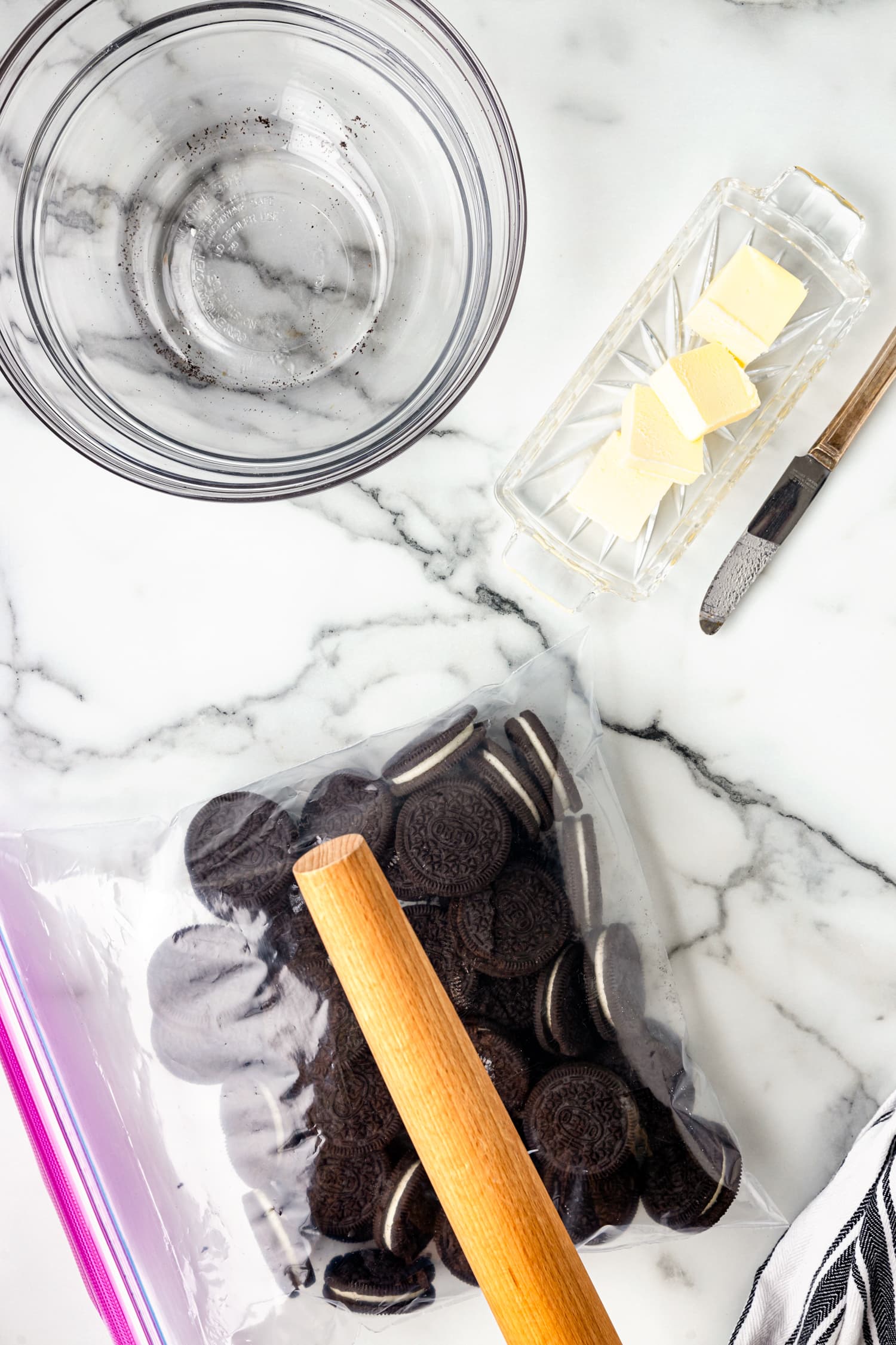 Crushing Oreos in bag with rolling pin