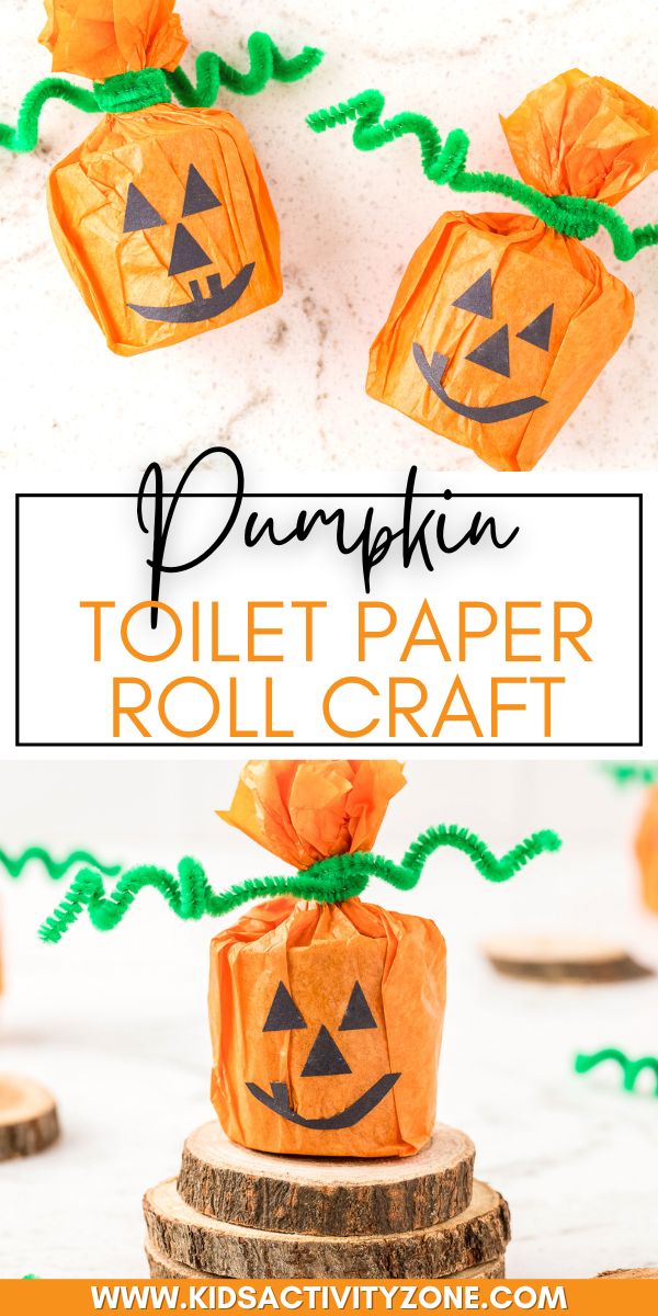 Did you know you can take a toilet paper roll and turn it into this easy Pumpkin Craft? That's right! Simply decorate toilet paper roll with orange tissue paper and a green pipe cleaner to turn it into a pumpkin. Then give it eyes, a nose and mouth for a Jack-O-Lantern!
