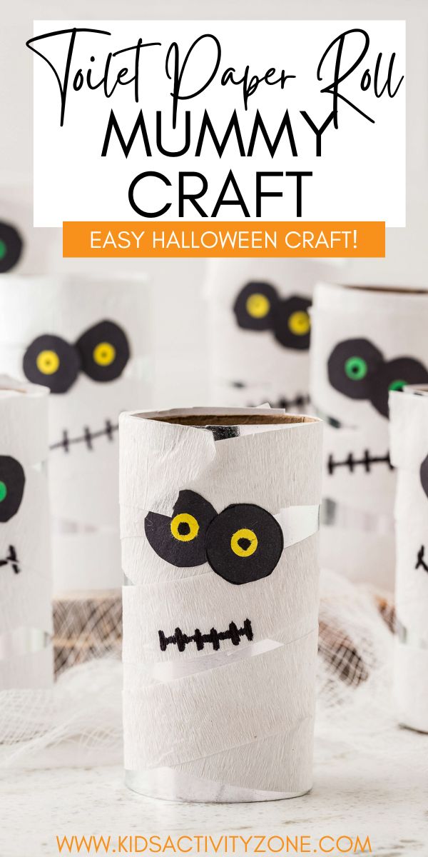 Fun Toilet Paper Roll Mummy Craft is so easy to put together and creepy for Halloween! Recycle a toilet paper roll into a scary mummy with a few household craft supplies!