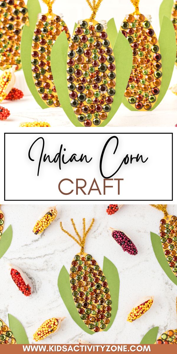 Indian Corn Craft is a cute and fun fall activity for kids that's easy to make! Cut out your Indian Corn then decorate it with gemstones. Add a magnet to the back and it's the perfect gift for grandparents or hanging on your refrigerator.