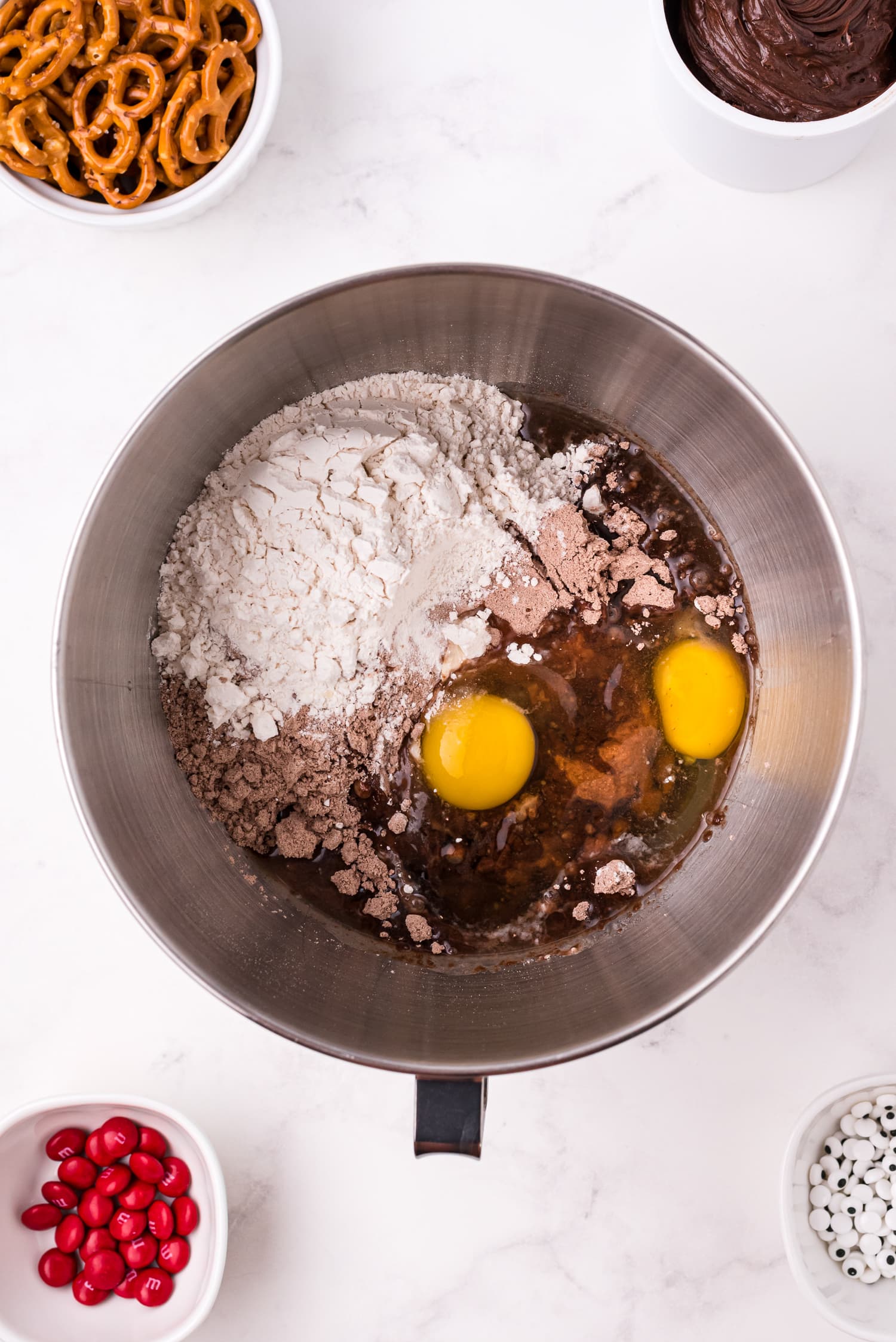 Mixing bowl with ingredients for brownie cookies