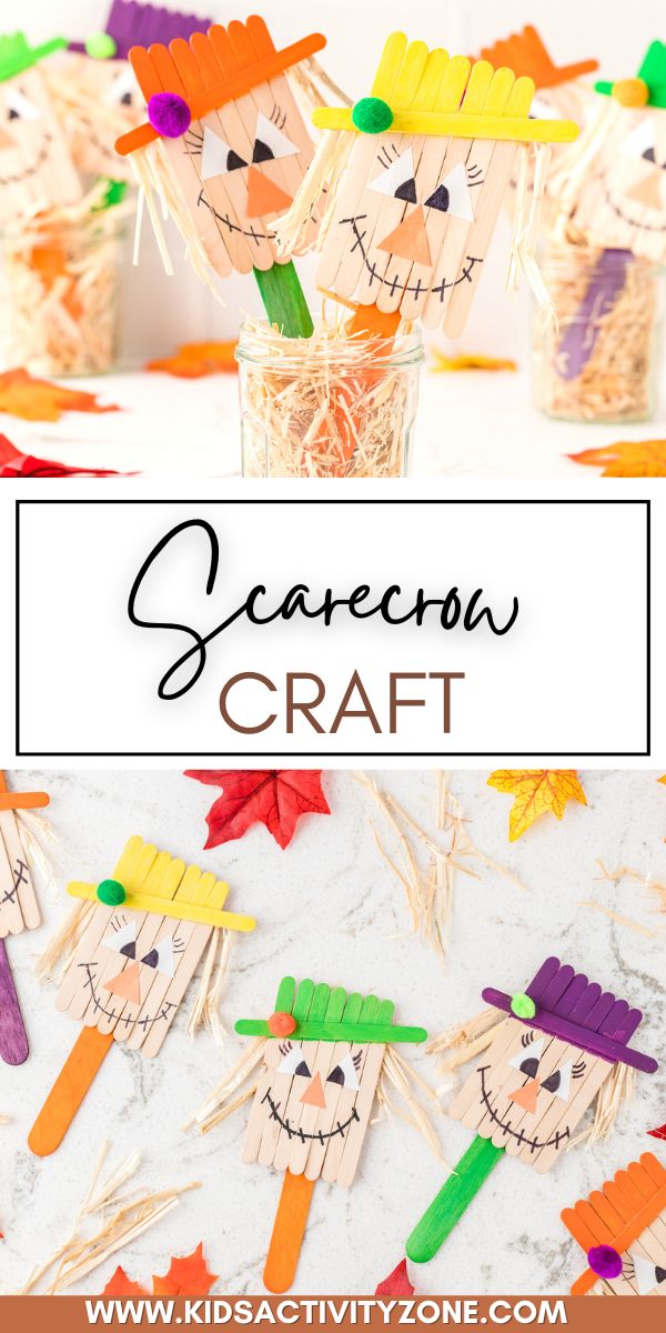 Easy Scarecrow Craft made with wooden craft sticks is the perfect fall kids craft! These cute little scarecrows are easy to make with household craft supplies. The perfect fall activity for the kids.