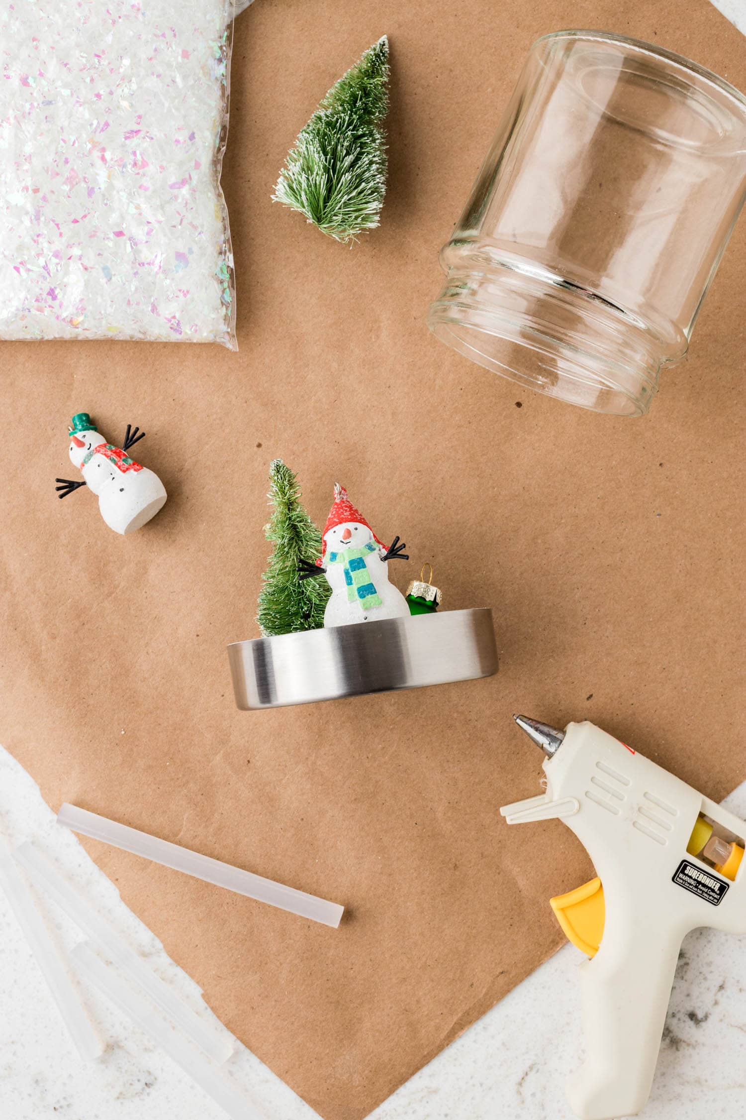 Gluing Miniature Tree, Snowman & Ornament to the Lid of the Jar