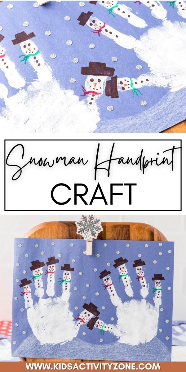 The kids will have so much fun getting messy and creating this Snowman Handprint Craft! Simply paint your child's hand, press it on a piece of paper and decorate the fingerprints to look like snowmen. They will have so much fun with this easy winter craft and you'll treasure it forever.