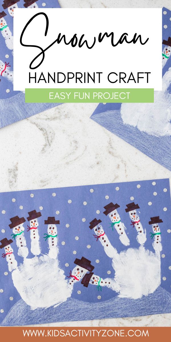 You only need a few supplies to make this easy Snowman Handprint! It's the perfect easy winter craft on cold, snowy days. The kids will have so much fun with the paint on the their hands and decorating their fingerprints to look like snowmen. You'll treasure this handprint keepsake forever.