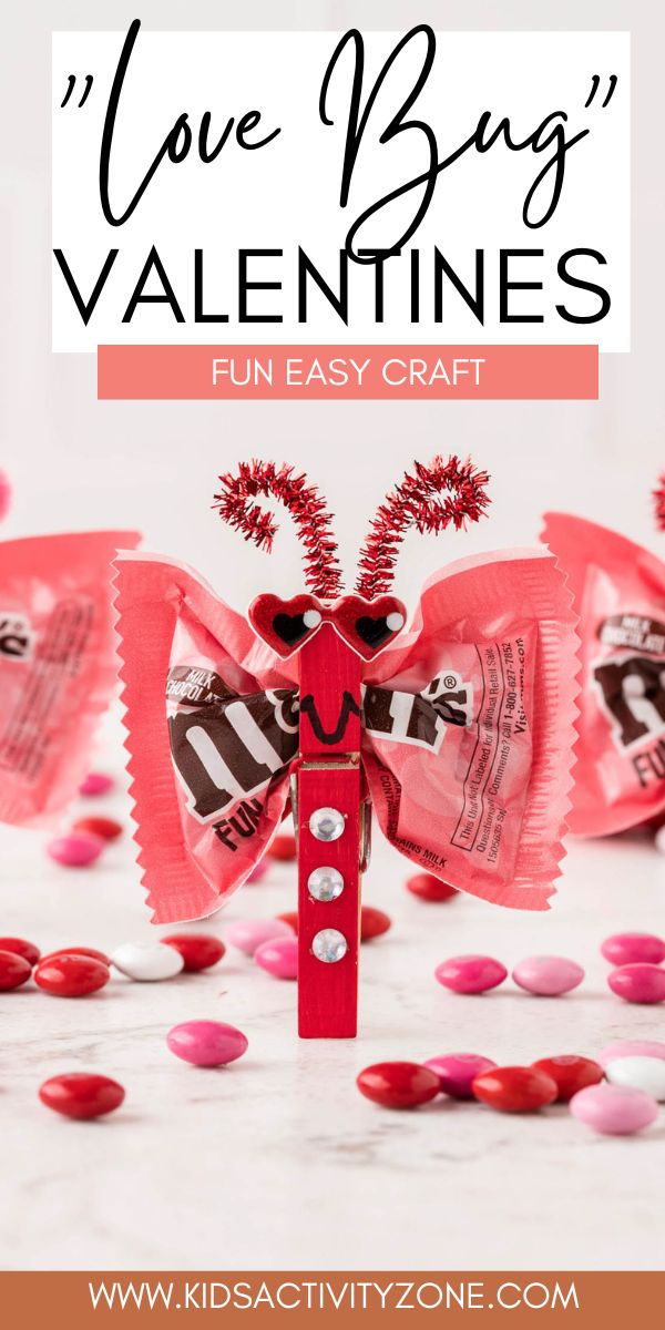 Love Bug Class Valentines are an easy homemade treat that is perfect for sharing with classmates on Valentines Day! Turn a mini pack of M&Ms into a "Love Bug" with a clothespin and have fun decorating them.