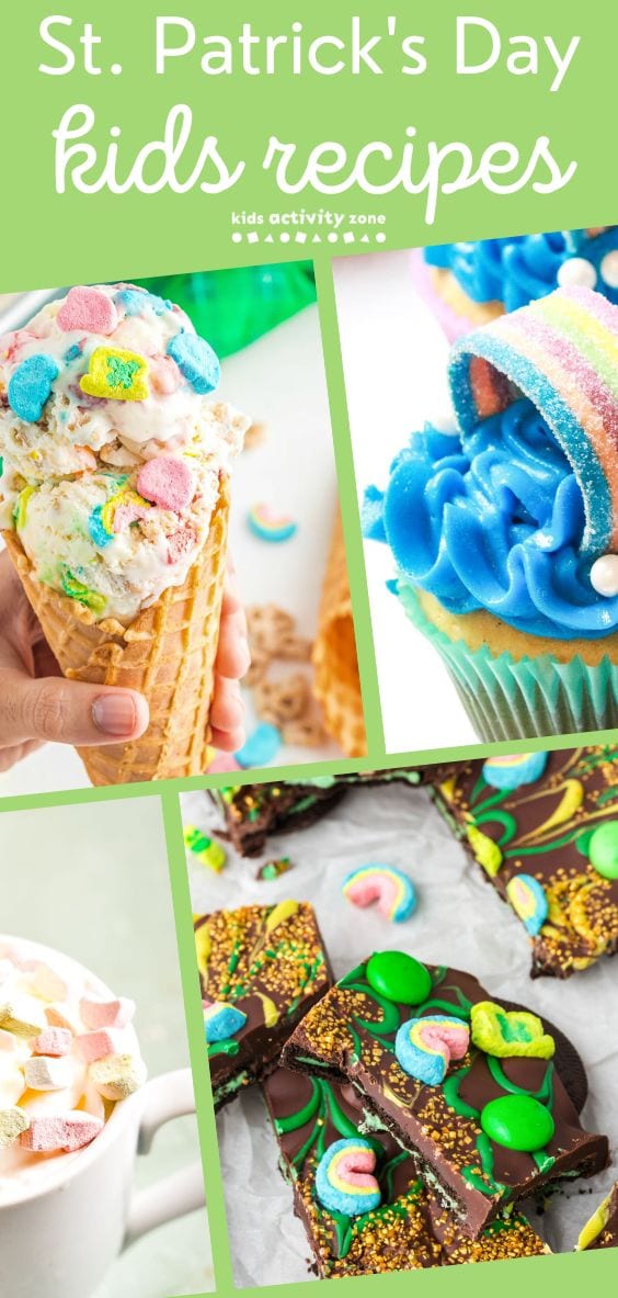 Over 25 Recipes for St. Patrick's Day that are kid friendly! Everything from Leprechaun Bark, Lucky Charm Hot Chocolate, Rainbow Sugar Cookies and more. Kids will love making these recipes and devouring them.