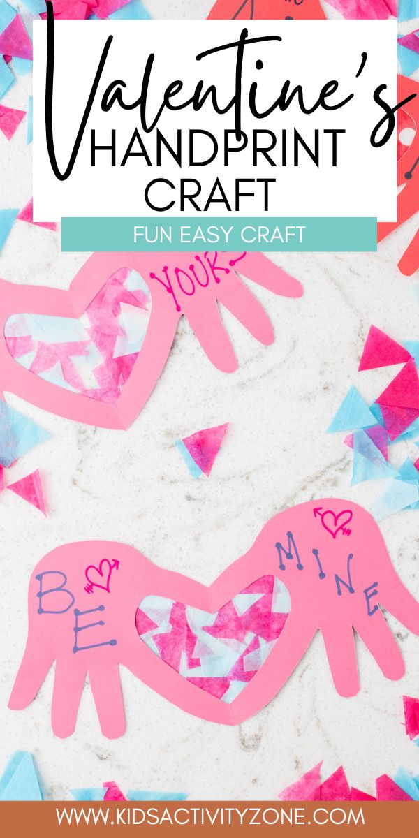 If you are looking for a quick and easy Valentines Day Craft this cute Handprint Heart Craft is perfect. Trace out your child's handprints, cut and decorate. Turn the heart into a suncatcher. So fun to display and gift for Valentine's Day.