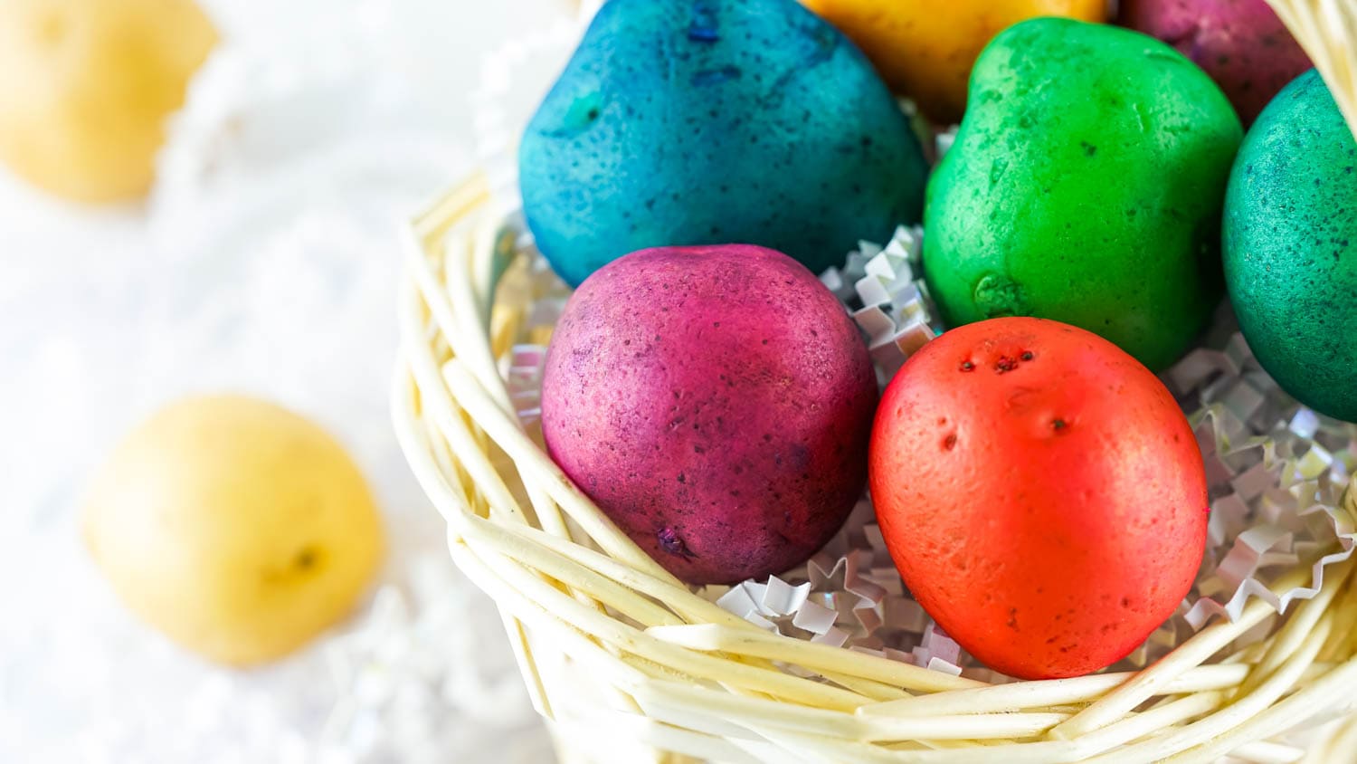Completed Dyed Egg Potatoes in a Wicker Basket