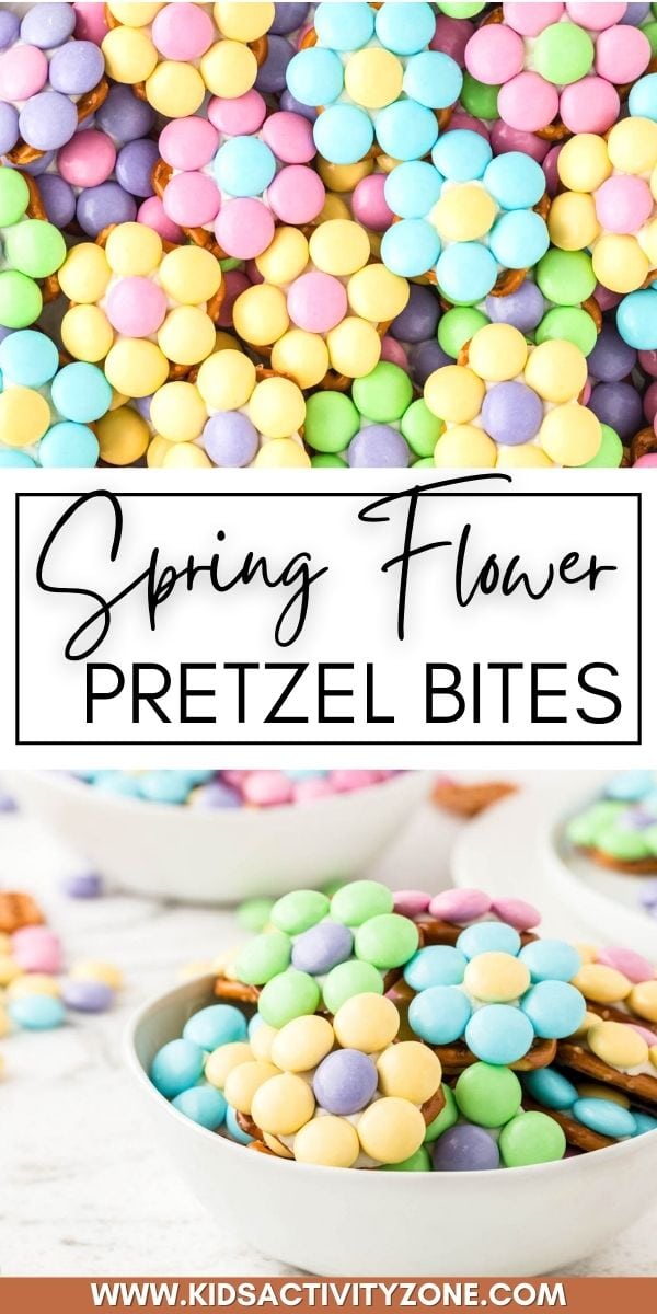 Welcome spring with these fun Flower Pretzels Bites! With only 3 ingredients they are the perfect treat to make with your kids. The perfect sweet and salty treat that are bright and cheerful. A great treat for Easter, spring or Mother's Day!