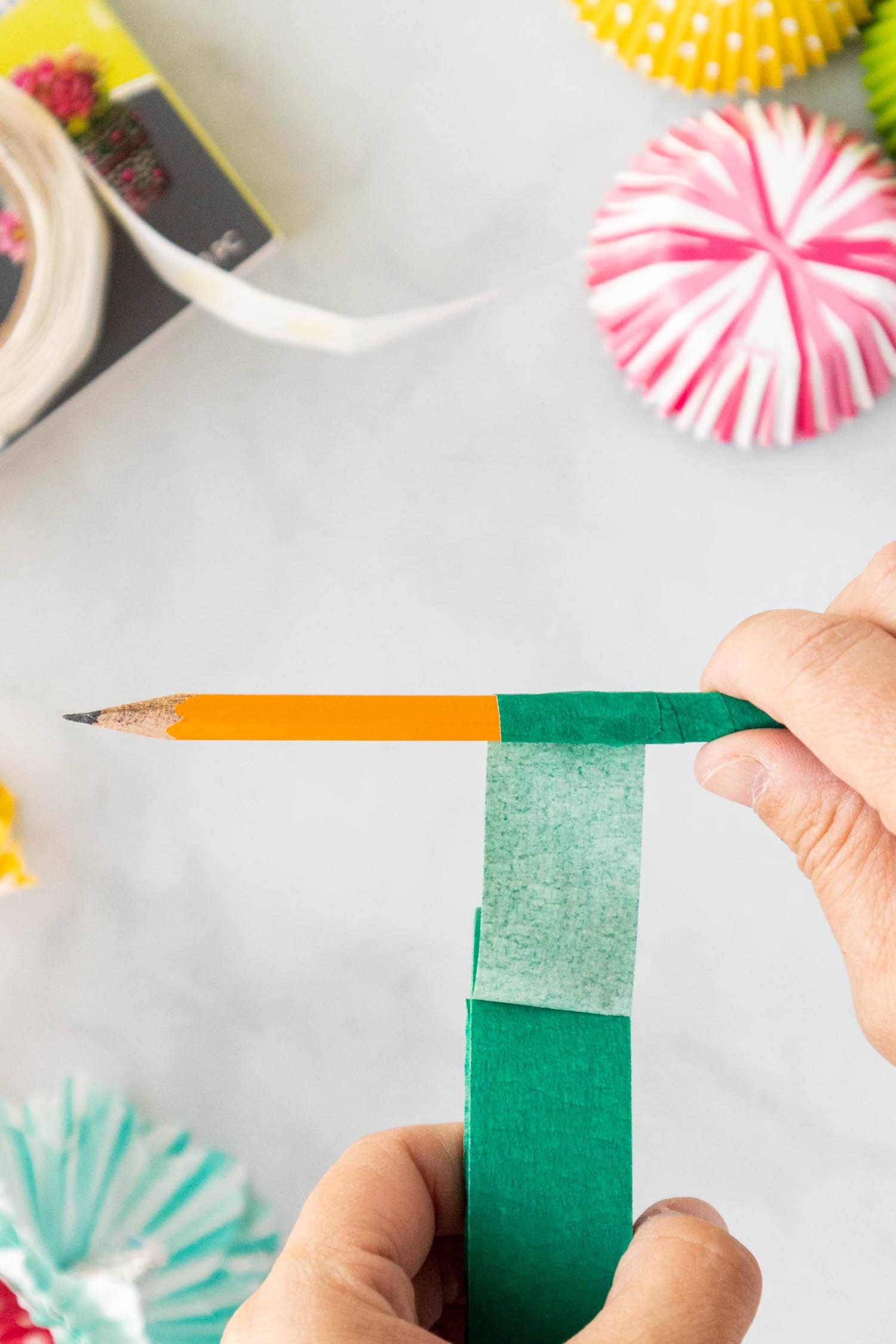 Wrap the Pencil from Point to Just Below the Eraser with Green Paper Tape