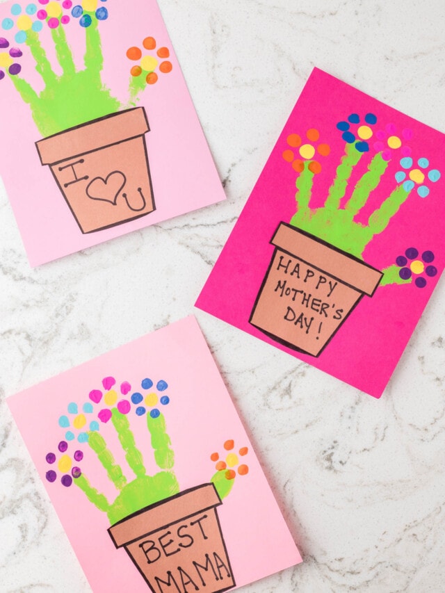 3 examples of Completed Handprint Flower Pot Crafts