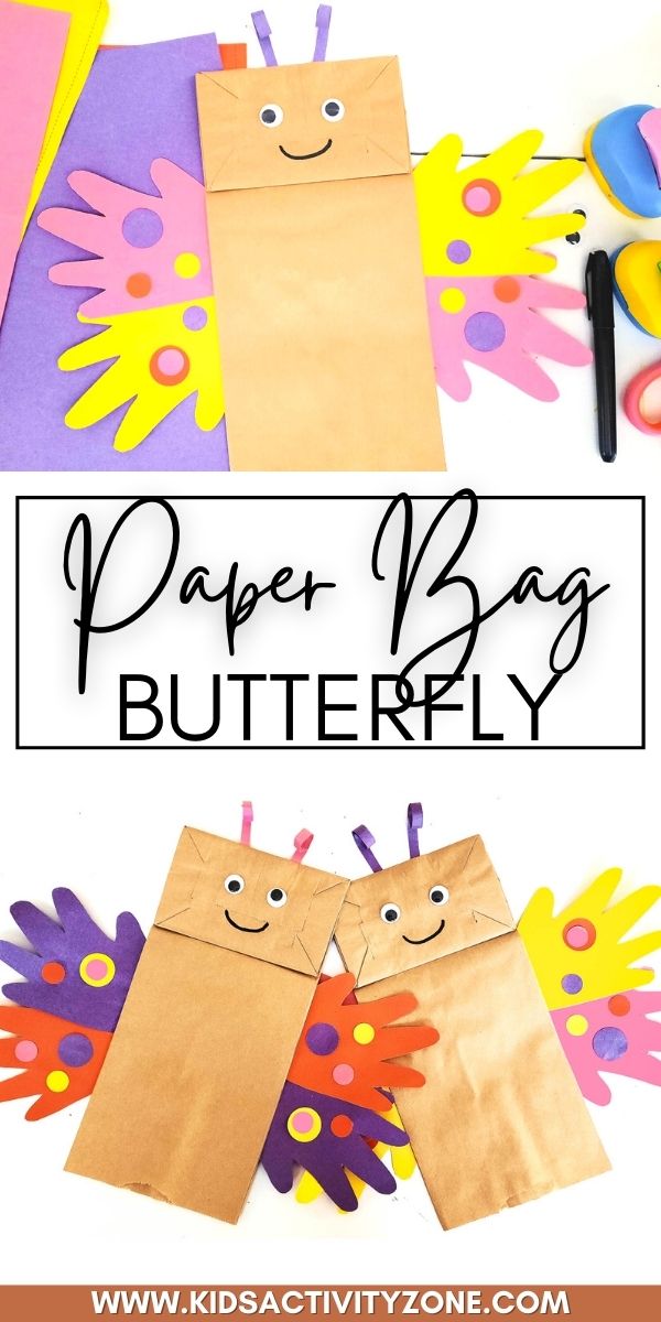 Fun and easy Paper Bag Butterfly craft is so fun to make with kids! It requires minimal supplies, is inexpensive to make and uses the child's handprints for wings. An fun kids craft for spring and summer.