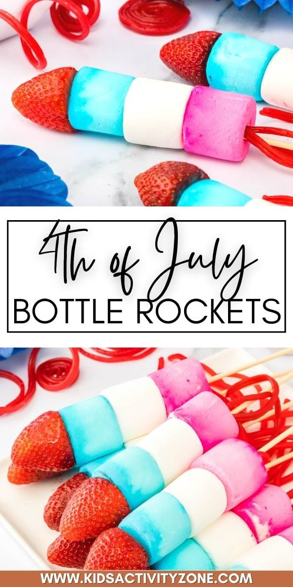 Fun 4th of July Bottle Rocket Kabobs are easy to make and will put a smile on everyone's face! This red, white and blue dessert is an easy no-bake dessert that's perfect for summer parties. 

A kabob made with strawberries, marshmallows and shoestring licorice to look like a Bottle Rocket.