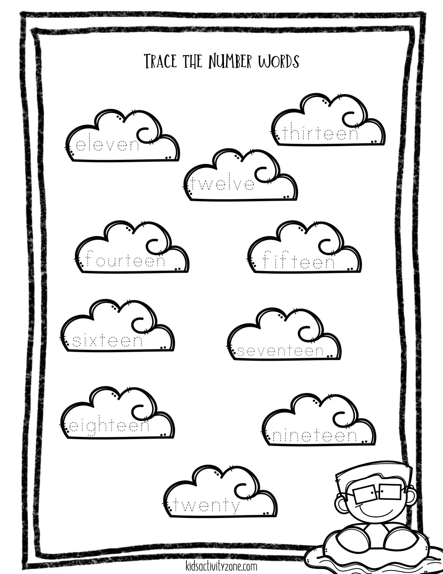 Practice tracing number words in clouds free printable