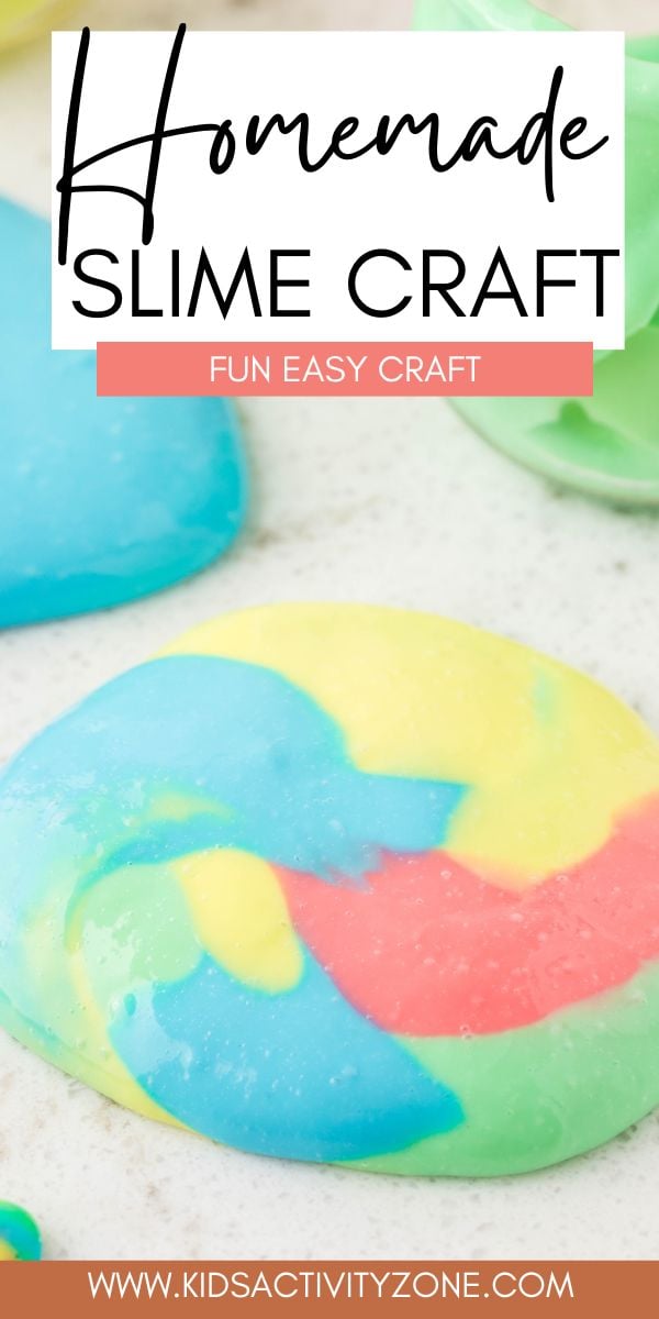 Easy Homemade Slime recipe with only glue, contact solution and baking soda. Mix it together and then color it your favorite colors. This fun slime will keep the kids busy for hours and only takes a few minutes to make!