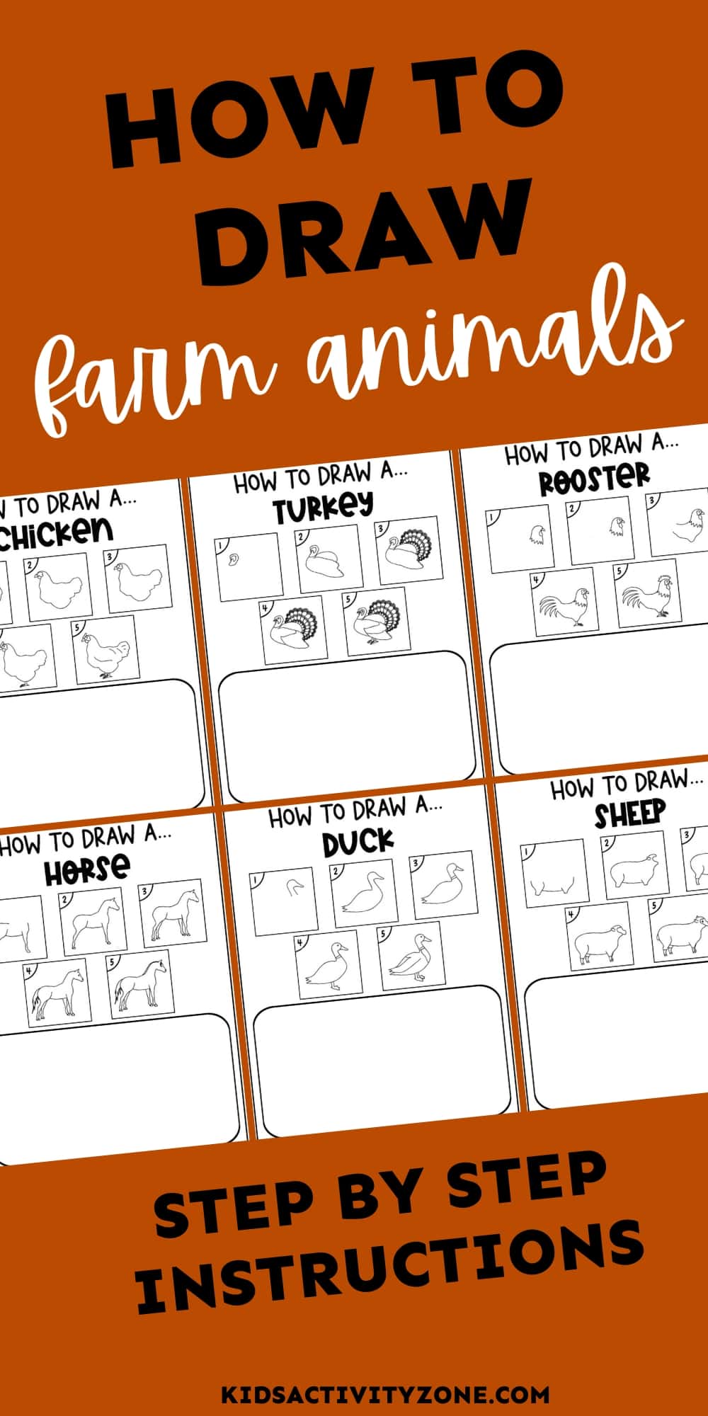 Want to learn how to draw farm animals? Grab this free printable showing you how to draw farm animals step by step. Animals that are included are a Chicken, Cow, Pig, Duck, Sheep, Rooster, Horse and Turkey!