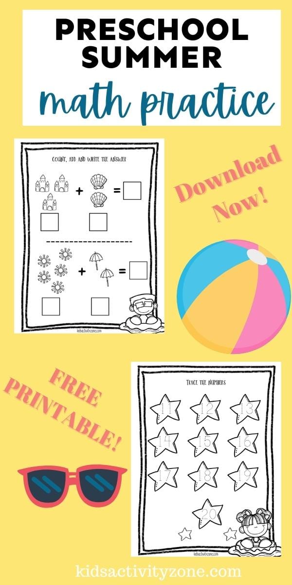 Preschool Summer Math Practice is a fun summer themed math activity packet perfect for preschoolers and kindergarteners that want to practice their math skills over the summer. They can trace numbers, add, fill in the blanks and more.